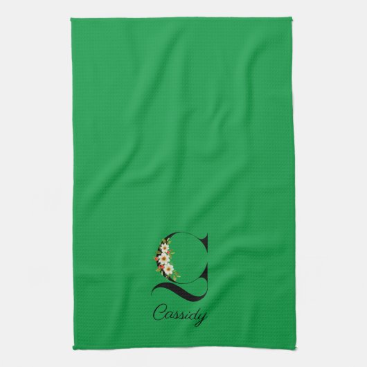 Watercolor botanical green initial monogram theedoek (Verticaal)