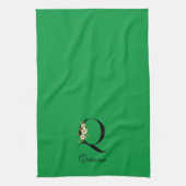 Watercolor botanical green initial monogram theedoek (Verticaal)