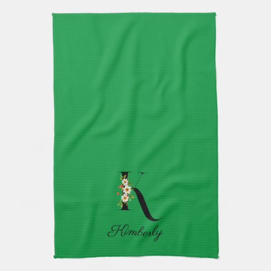 Watercolor botanical green initial monogram theedoek (Verticaal)