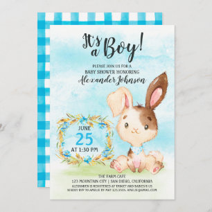 Watercolor Boy Bunny Baby shower ferme Invitation