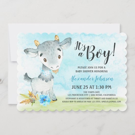Watercolor Boy Chèvre Baby shower ferme Invitation (Devant)