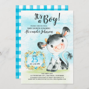 Watercolor Boy Cow Baby shower Farm Invitation
