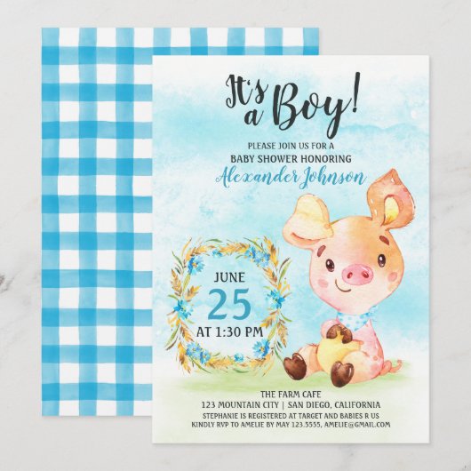 Watercolor Boy Piggy Baby shower Farm Invitation (Devant / Derrière)