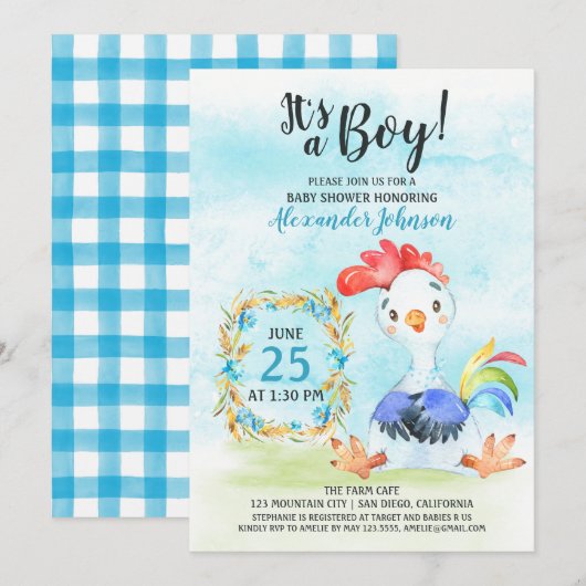 Watercolor Boy Rooster Baby shower Farm Invitation (Devant / Derrière)