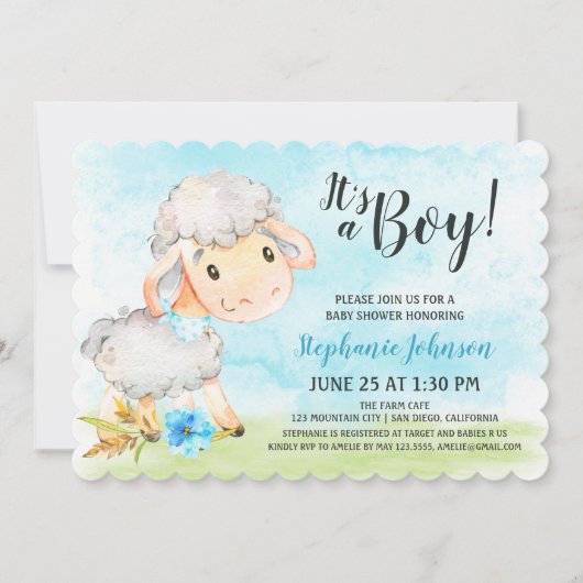 Watercolor Boy Sheep Baby shower Farm Invitation (Devant)
