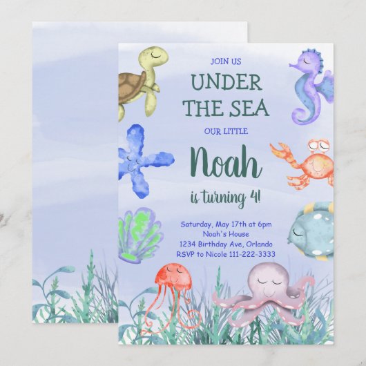 Watercolor Boys Under the Sea Birthday Invitation (Devant / Derrière)