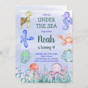 Watercolor Boys Under the Sea Birthday Invitation