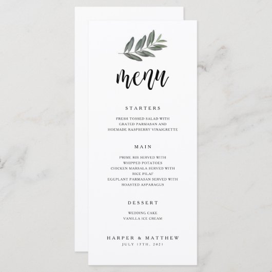 Watercolor Branch Wedding Reception Menu (Devant / Derrière)