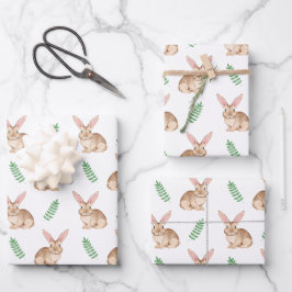 Watercolor Brown Easter Bunny And Greenery Pattern Inpakpapier Vel