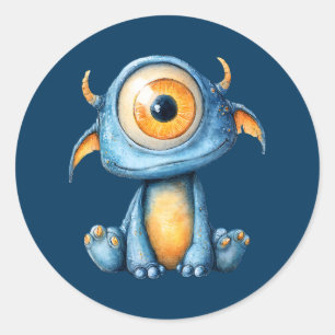 Watercolor Buitenaards Cute Alien Marineblauw Ronde Sticker