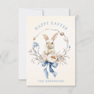 Watercolor Bunny Flowers Blue Bow Spring Kaart