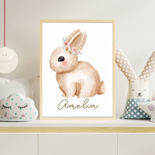 Watercolor Bunny Nursery Print Floral Woodland