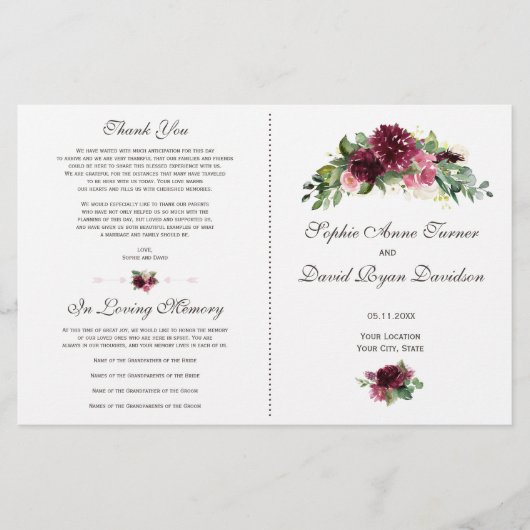 Watercolor Burgundy Bloemen Boeket Huwelijksprogra (Voorkant)