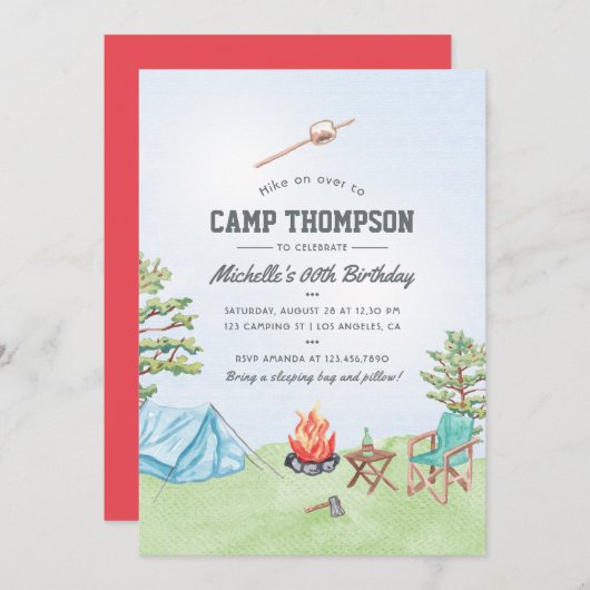 Watercolor Camping Anniversaire Fête Invitation (Devant / Derrière)