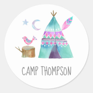 Watercolor Camping Verjaardagsfeestje Ronde Sticker
