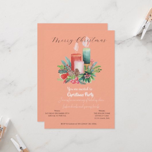 Watercolor Candlelight Christmas invitation Card (Devant/Arrière en situation)