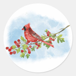 Watercolor Cardinal Bird on Berry Branch  Ronde Sticker