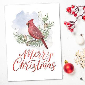 Watercolor Cardinal Conifers Snow Christmas Feestdagen Kaart