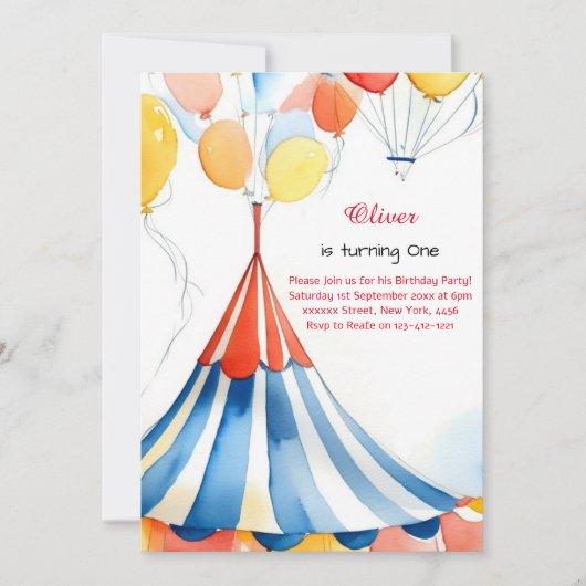 Watercolor Carnival Circus 1er Invitation annivers (Devant)