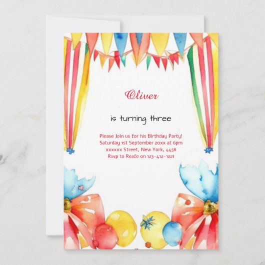 Watercolor Carnival Circus Anniversaire Invitation (Devant)