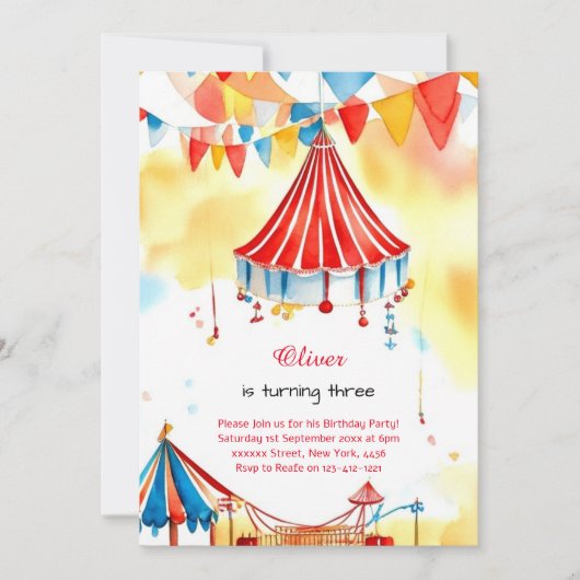 Watercolor Carnival Circus Anniversaire Invitation (Devant)