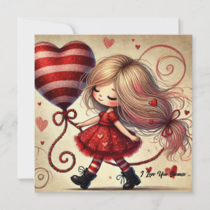 Watercolor cartoon Valentijnsmeisje met ballon Feestdagenkaart
