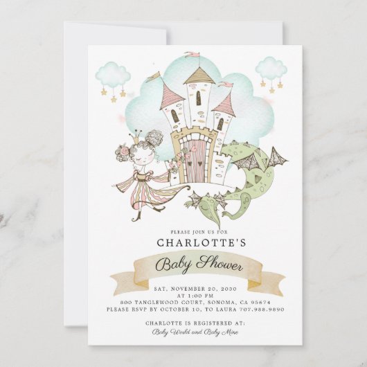 Watercolor Castle Princess Dragon Invitation (Devant)