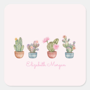 Watercolor Chic Vetplanten Roze Vierkante Sticker