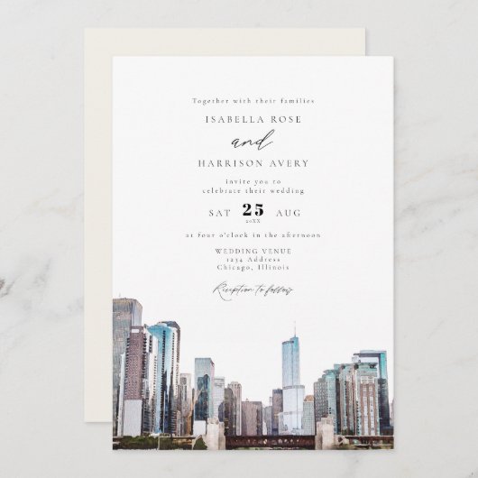 Watercolor Chicago Skyline Faire-part de mariage (Devant / Derrière)