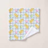 Watercolor Chick And Eggs On Blue Gingham Pattern (Gant de toilette)
