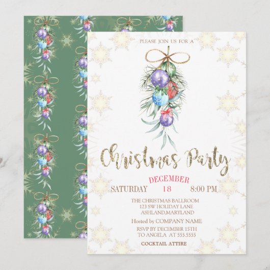 Watercolor Christmas Balls Party Invitation (Devant / Derrière)