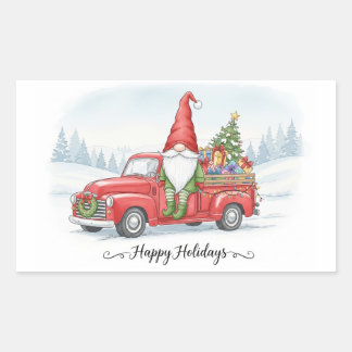 Watercolor Christmas Gnome on Red Vintage Truck wi Rechthoekige Sticker