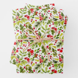 Watercolor Christmas Leaves and Berries Inpakpapier Vel