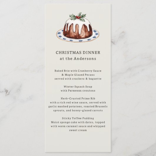 Watercolor Christmas Pudding Festive Dinner Menu (Voorkant)