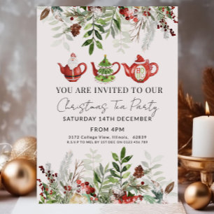 Watercolor Christmas Tea Party Invitation Rustique
