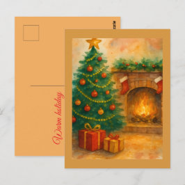 Watercolor Christmas Tree & Cozy Fireplace Holiday Briefkaart