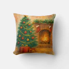 Watercolor Christmas Tree & Cozy Fireplace Holiday Kussen
