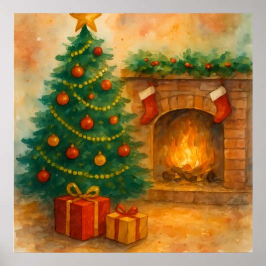 Watercolor Christmas Tree & Cozy Fireplace Holiday Poster (Voorkant)