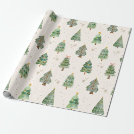 Watercolor Christmas Trees Snowflakes Holiday Cadeaupapier