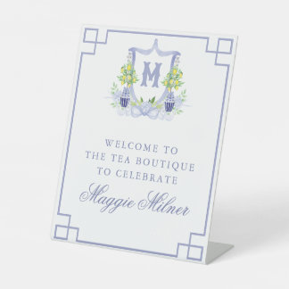 Watercolor citroenboom monogram wapenschild reclamebord met voetstuk