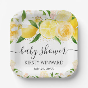 Watercolor Citroenen en Bloemen Baby Shower Papieren Bordje