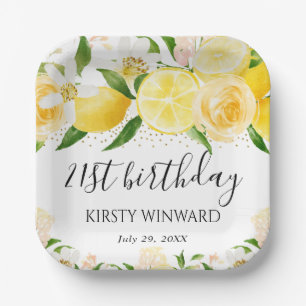 Watercolor Citroenen en Bloemen Verjaardag Papieren Bordje