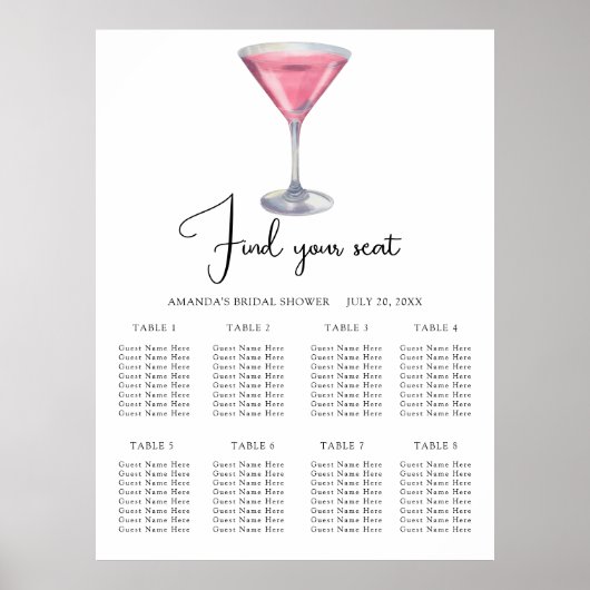 Watercolor Cocktail Wedding seating chart Poster (Voorkant)