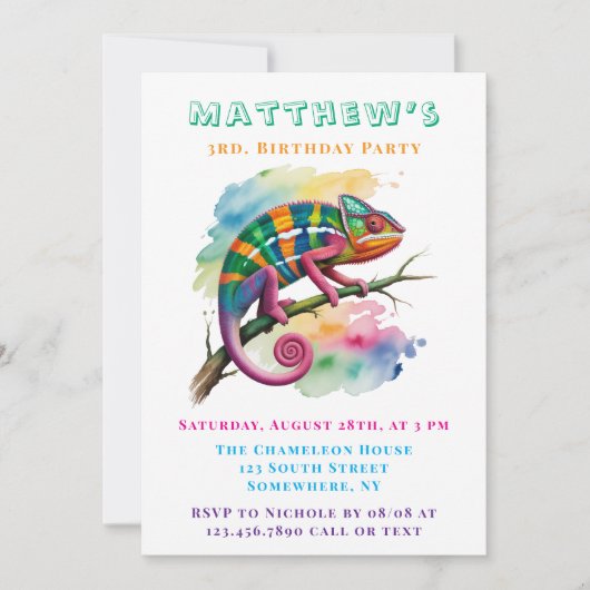 Watercolor Colorful Chameleon Birthday Party Kaart (Voorkant)