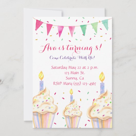 Watercolor Cupcake Invitation d'anniversaire (Devant)
