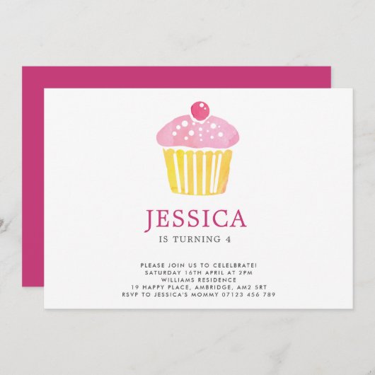 Watercolor Cupcake Invitation d'anniversaire (Devant / Derrière)