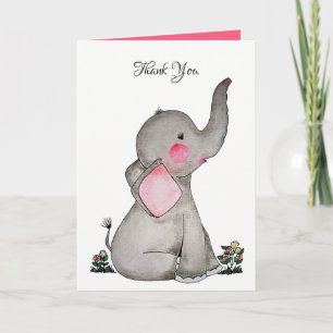 Watercolor Cute Baby Elephant With Blush & flowers Bedankkaart