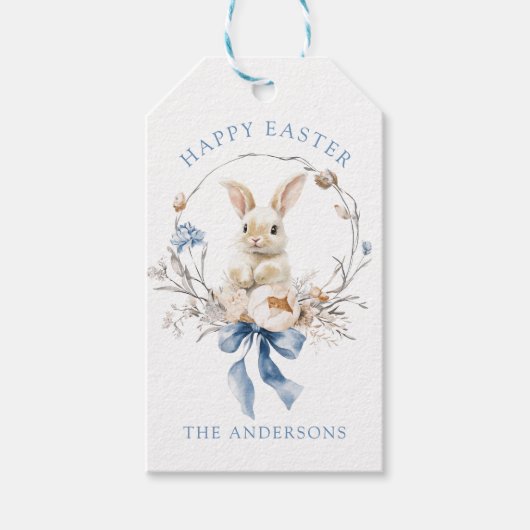 Watercolor Cute Bunny Blue Bow Spring Cadeaulabel (Voorkant)
