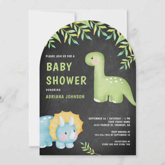 Watercolor Cute Dinosaur Chalkboard Baby Shower Kaart (Voorkant)