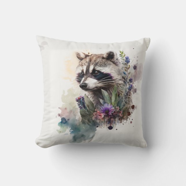 Watercolor Cute Raccoon Spring Flowers        Kussen (Voorkant)